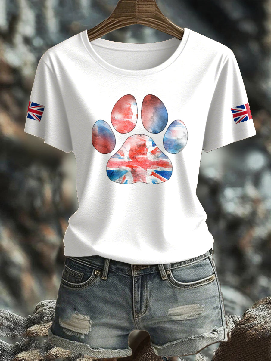 Women's UK Flag Watercolor Paws Printed T-shirt