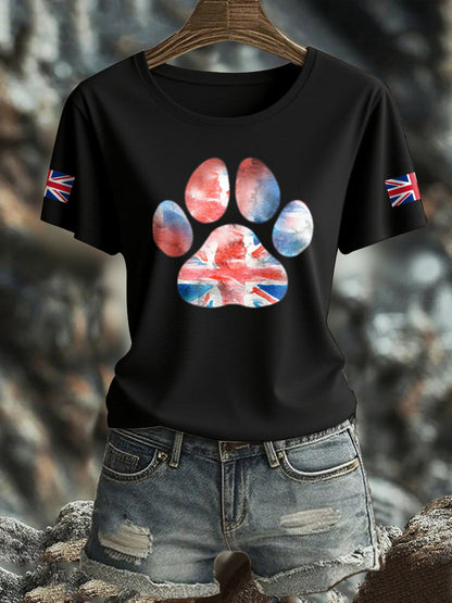Women's UK Flag Watercolor Paws Printed T-shirt