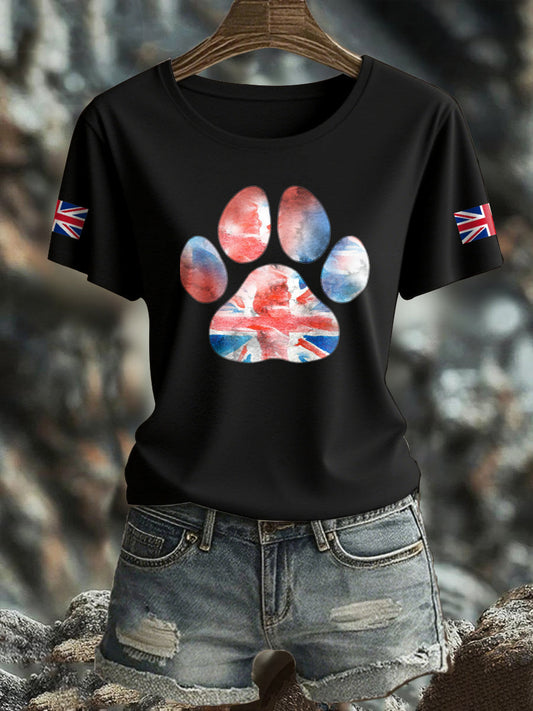 Women's UK Flag Watercolor Paws Printed T-shirt