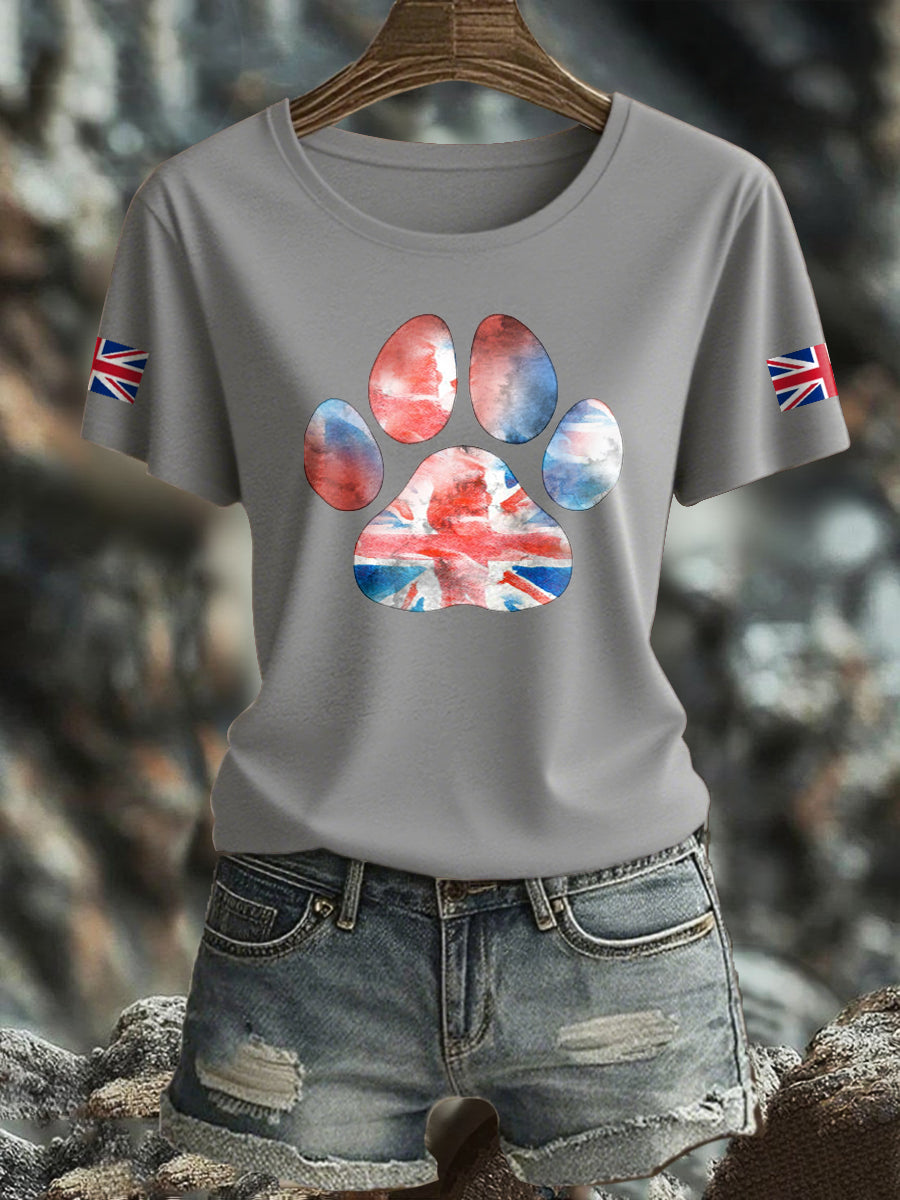 Women's UK Flag Watercolor Paws Printed T-shirt