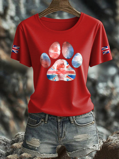 Women's UK Flag Watercolor Paws Printed T-shirt