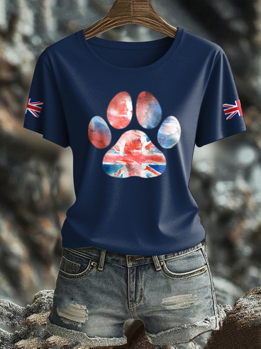 Women's UK Flag Watercolor Paws Printed T-shirt