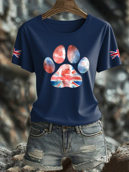 Women's UK Flag Watercolor Paws Printed T-shirt
