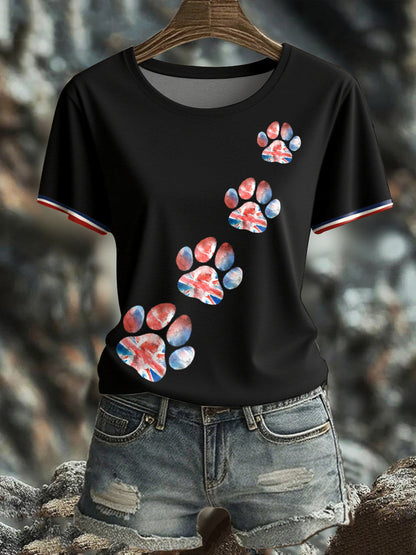 Women's UK Flag Watercolor Paws Printed T-shirt