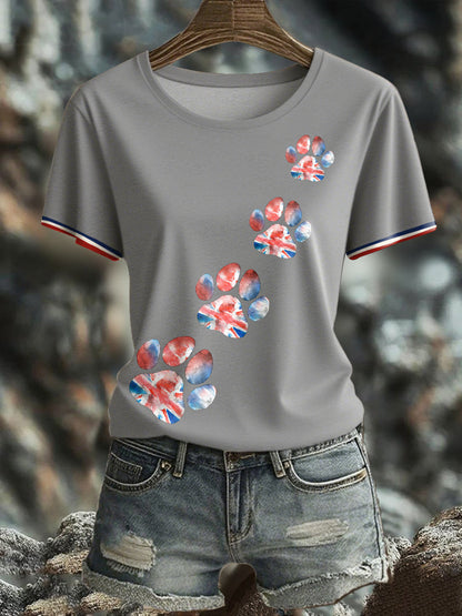 Women's UK Flag Watercolor Paws Printed T-shirt