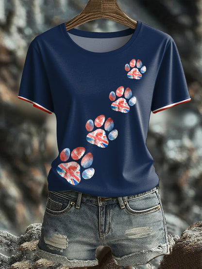 Women's UK Flag Watercolor Paws Printed T-shirt