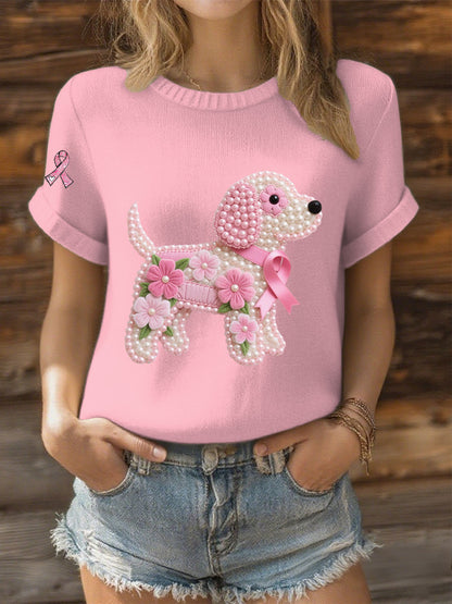 Women's Pink Ribbon Pearl Dog Print Casual T-shirt
