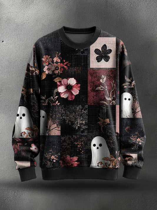 Women's Funny Halloween Boo Floral Art Printed Sweatshirt