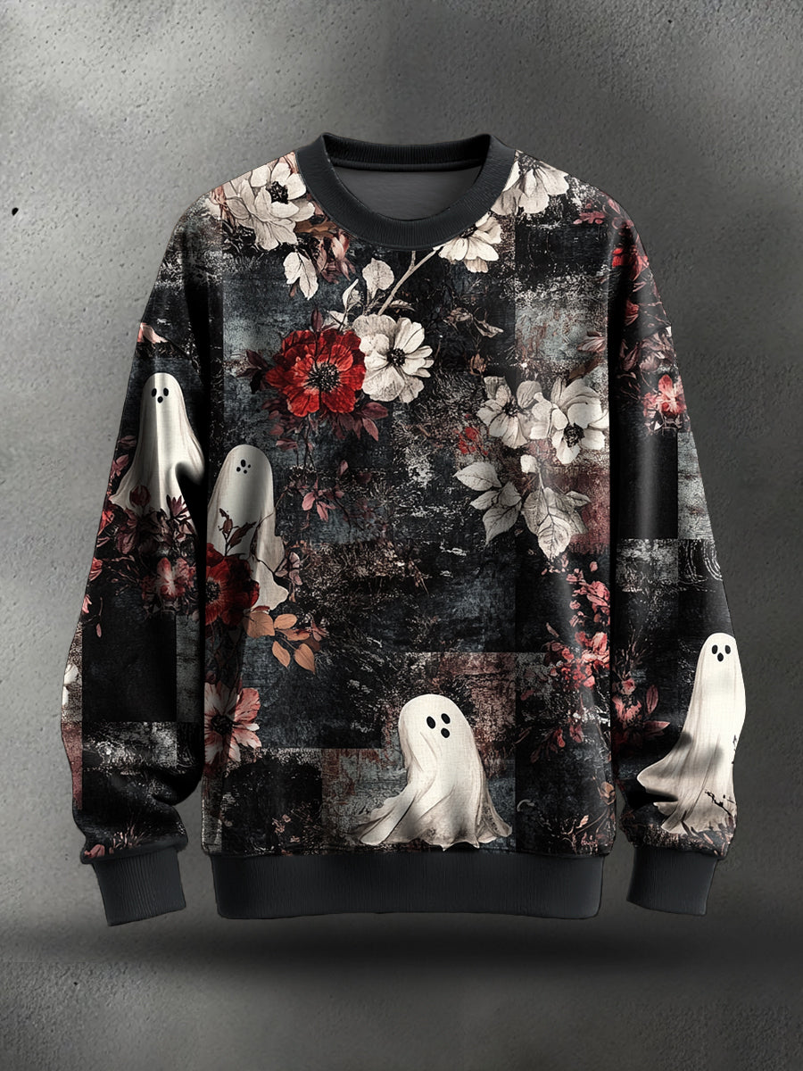 Women's Funny Halloween Boo Floral Art Printed Sweatshirt