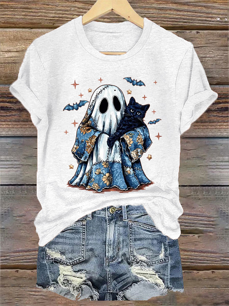Women's Cute Halloween Ghost Black Cat Print Casual Tee