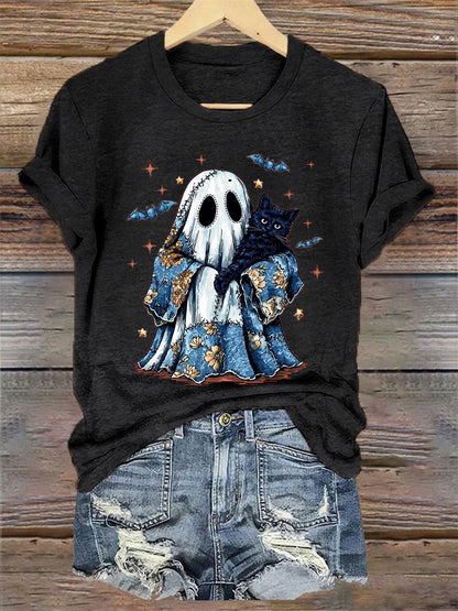 Women's Cute Halloween Ghost Black Cat Print Casual Tee