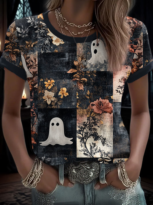 Women's Funny Halloween Boo Floral Art Printed T-Shirt