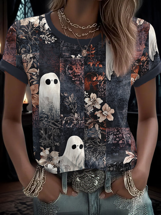 Women's Funny Halloween Boo Floral Art Printed T-Shirt
