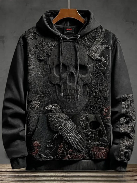Unisex Vintage Halloween Crow Skull Print Art Casual Hoodie