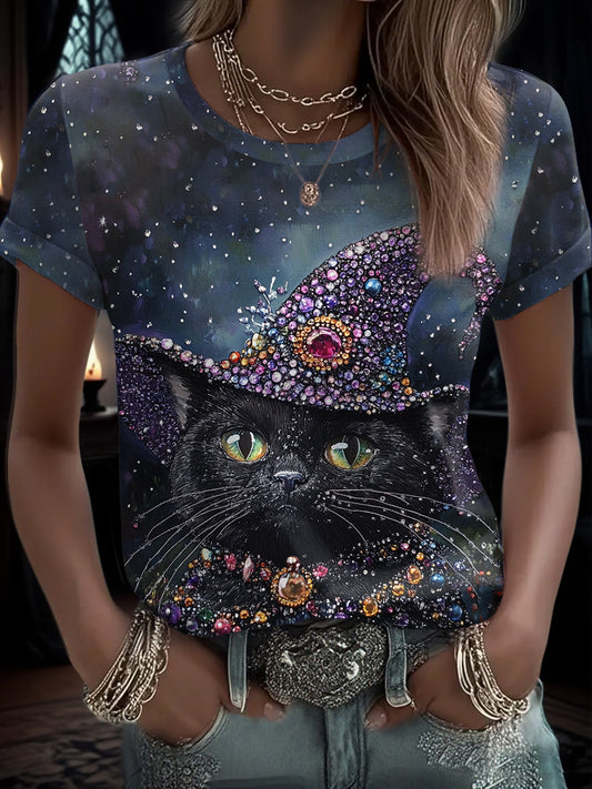 Women's Funny Halloween Cat Art Printed T-Shirt