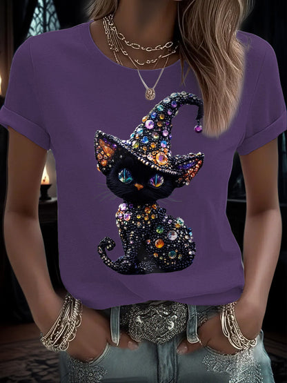 Women's Funny Halloween Cat Art Printed T-Shirt