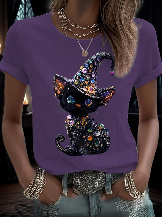 Women's Funny Halloween Cat Art Printed T-Shirt