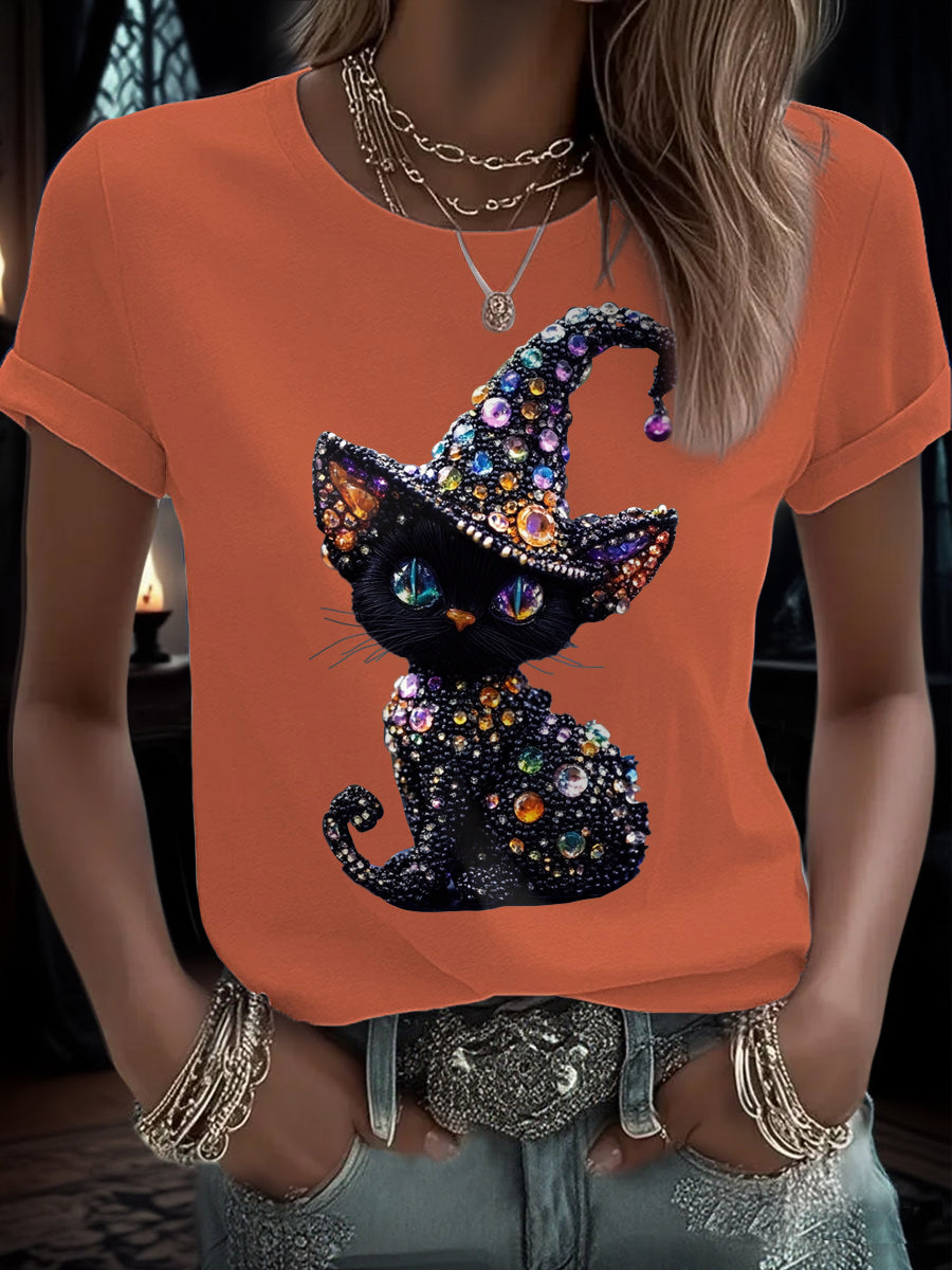 Women's Funny Halloween Cat Art Printed T-Shirt