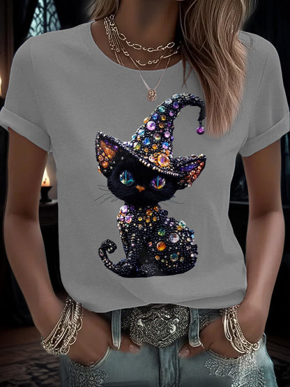 Women's Funny Halloween Cat Art Printed T-Shirt
