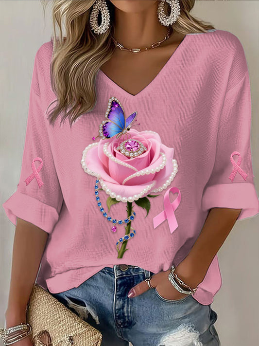 Retro Breast Cancer Pearl Rose Floral Butterfly Abstract Print Casual Cotton Waffle Long Sleeve T-Shirt