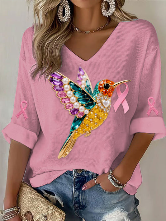 Retro Breast Cancer Pearl Diamond Multicolor Hummingbird Abstract Print Casual Cotton Waffle Long Sleeve T-Shirt