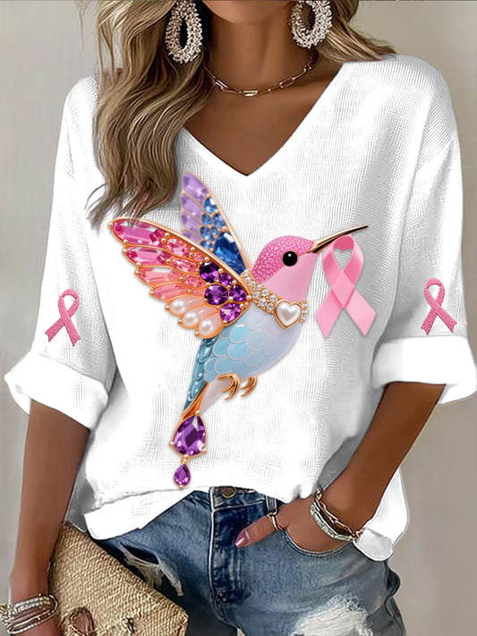 Retro Breast Cancer Pearl Diamond Multicolor Hummingbird Abstract Print Casual Cotton Waffle Long Sleeve T-Shirt