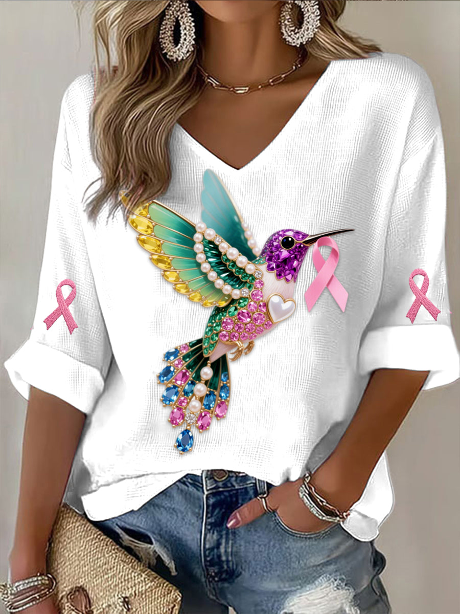 Retro Breast Cancer Pearl Diamond Multicolor Hummingbird Abstract Print Casual Cotton Waffle Long Sleeve T-Shirt