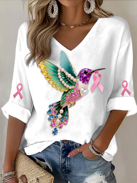 Retro Breast Cancer Pearl Diamond Multicolor Hummingbird Abstract Print Casual Cotton Waffle Long Sleeve T-Shirt
