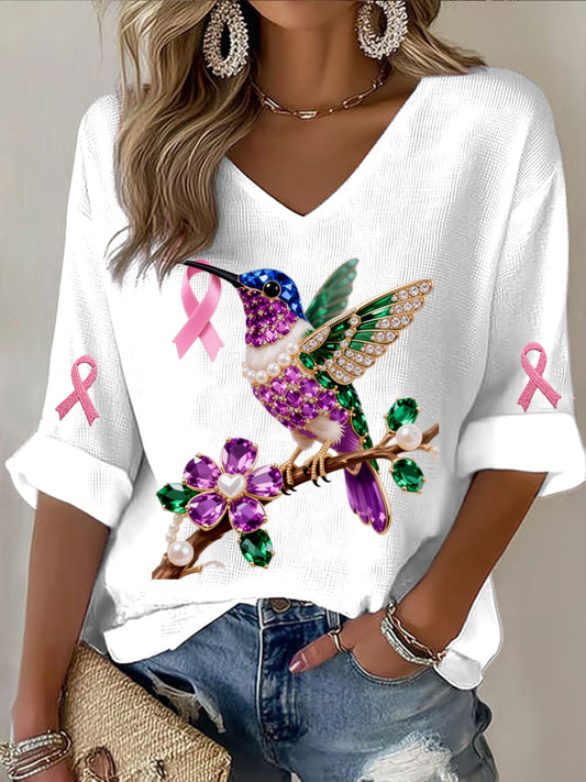 Retro Breast Cancer Pearl Diamond Multicolor Hummingbird Abstract Print Casual Cotton Waffle Long Sleeve T-Shirt