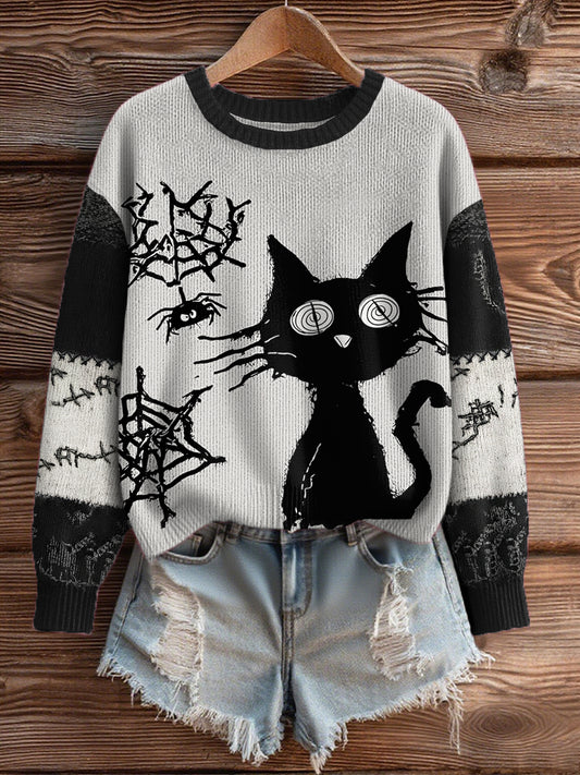 Women's Halloween Black Cat Print Casual Sweatshirt