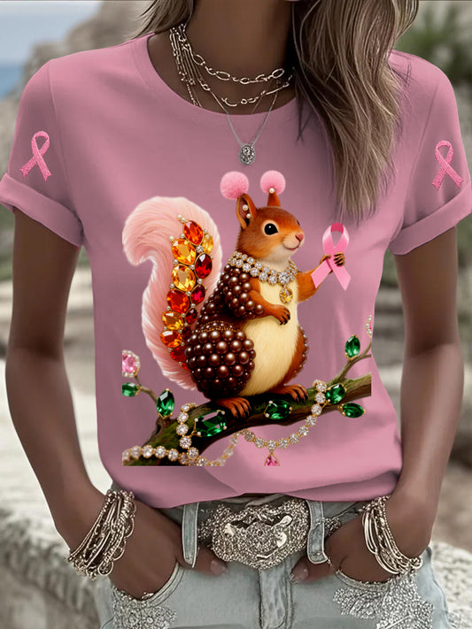 Retro Breast Cancer Pearl Jewelry Squirrel Print Comfortable Casual Cotton Short-sleeved T-shirt