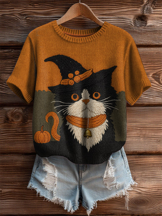 Women's Halloween Black Cat Short-sleeved T-shirt