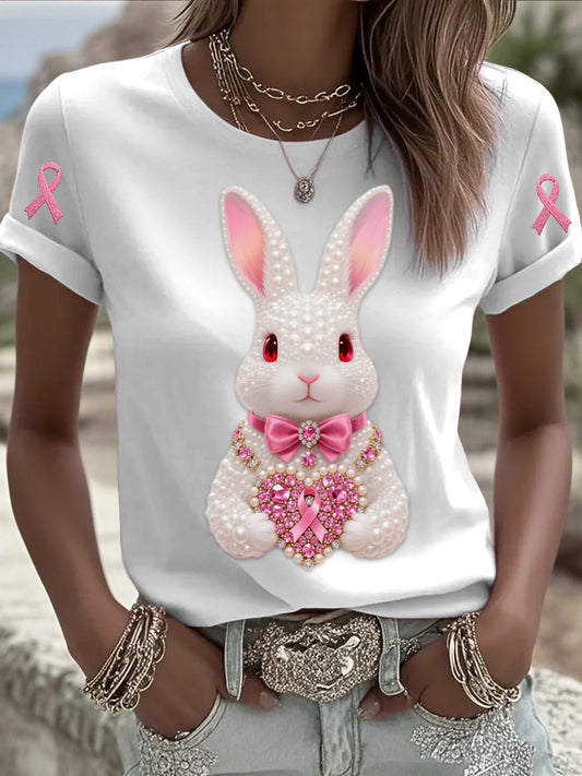 Retro Breast Cancer Pearl Jewelry Cute Rabbit Print Comfortable Casual Cotton Short-sleeved T-shirt