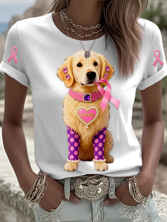 Retro Breast Cancer Pearl Jewelry Loves Cute Dog Print Comfortable Casual Cotton Short-sleeved T-shirt