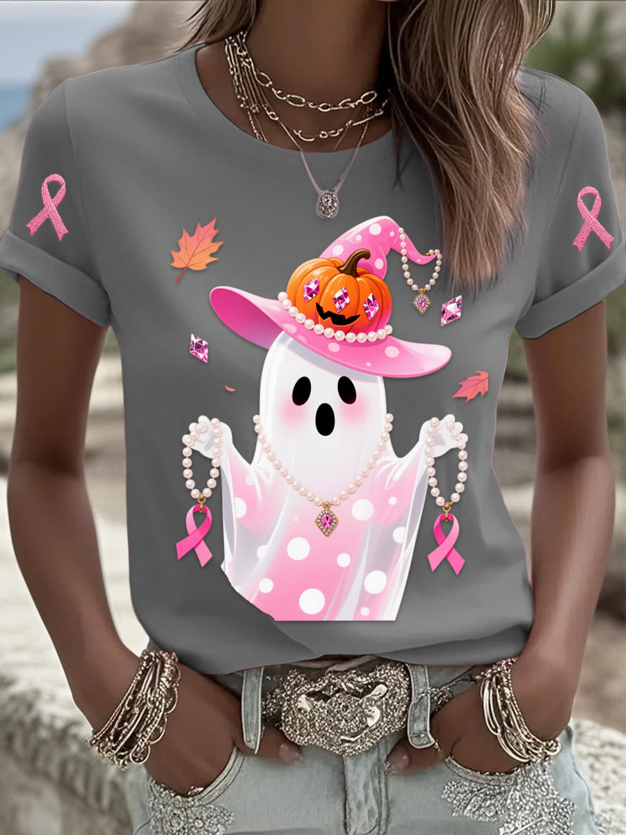 Retro Breast Cancer Pearl Halloween Ghost Print Comfortable Casual Cotton Short-sleeved T-shirt