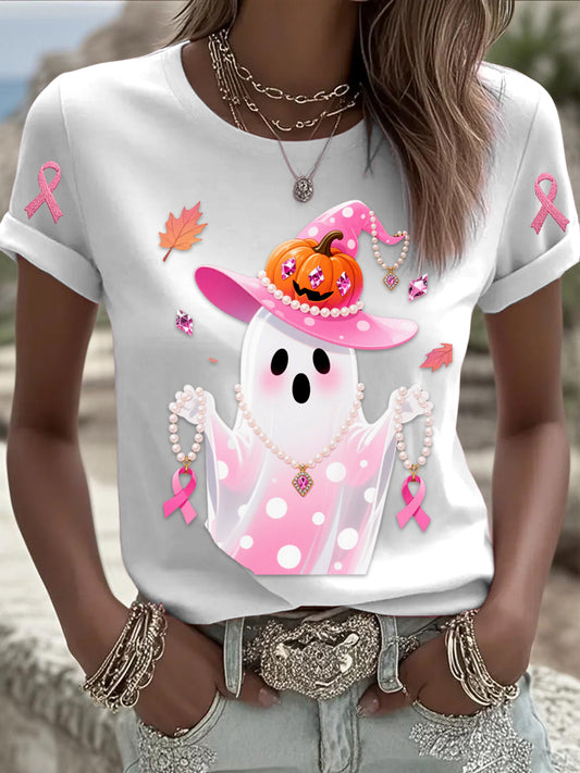 Retro Breast Cancer Pearl Halloween Ghost Print Comfortable Casual Cotton Short-sleeved T-shirt