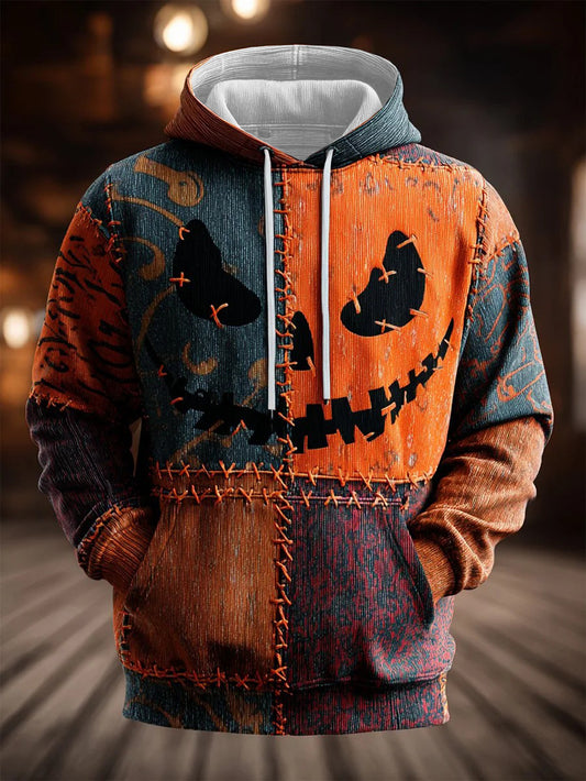 Men's Halloween Art Print Oversized Drop-Shoulder Hoodie with Pocket