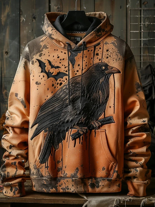 Unisex Vintage Halloween Crow Print Art Casual Hoodie