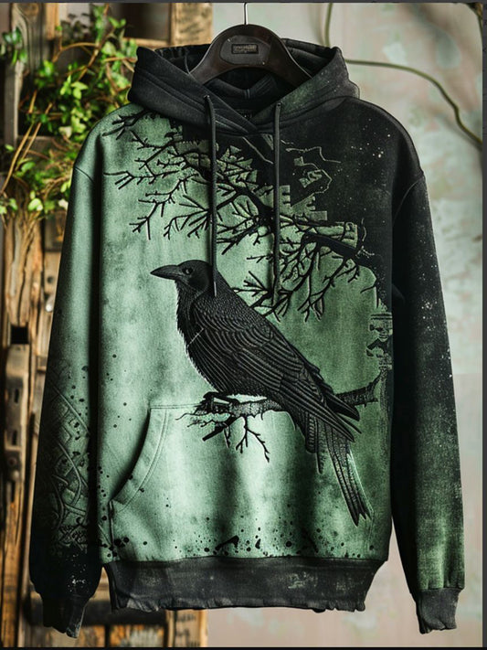 Unisex Vintage Halloween Crow Print Art Casual Hoodie