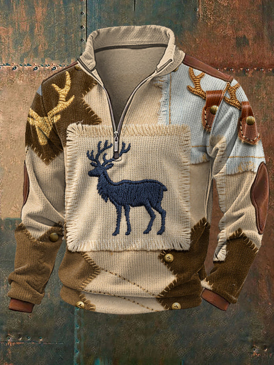 Men's Vintage Western Moose Patchwork Print Casual Waffle Zip-Up Sweatshirt