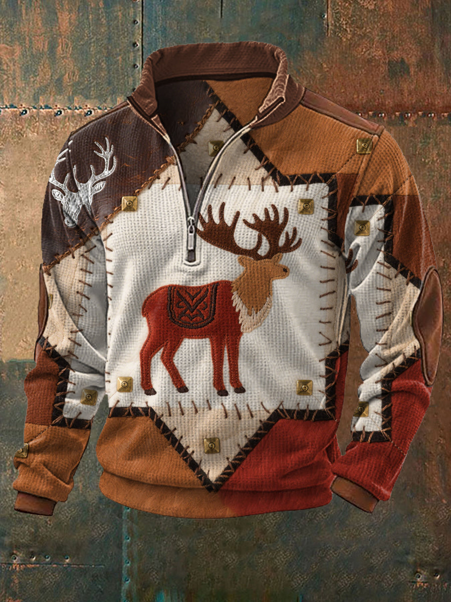 Men's Vintage Western Moose Patchwork Print Casual Waffle Zip-Up Sweatshirt