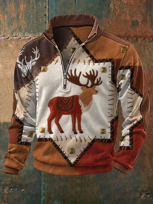 Men's Vintage Western Moose Patchwork Print Casual Waffle Zip-Up Sweatshirt