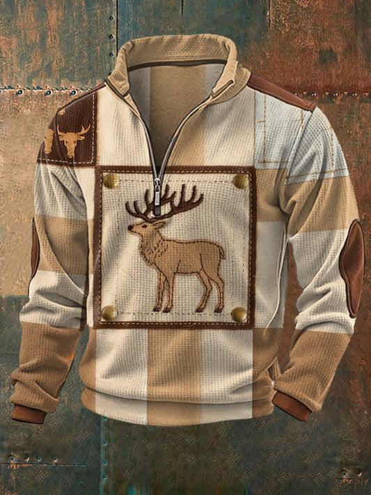 Men's Vintage Western Moose Patchwork Print Casual Waffle Zip-Up Sweatshirt