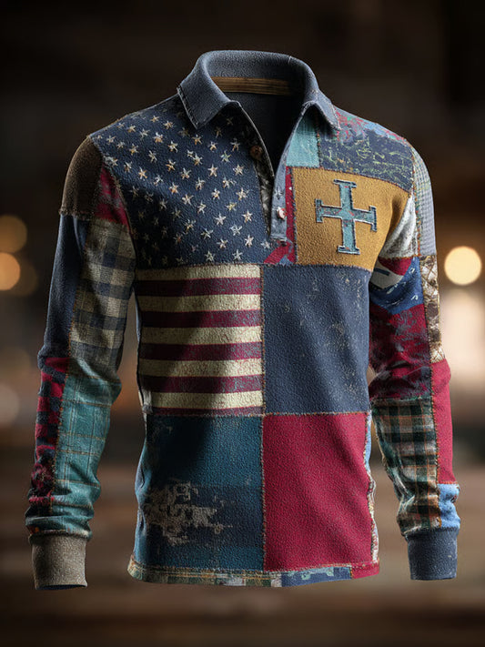 Men's Retro Casual Faith Cross Art Print Long Sleeve Top