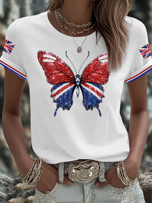 Women's British imitation diamond hot-drilling Printed short-sleeved T-shirt
