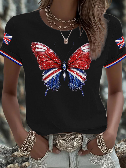 Women's British imitation diamond hot-drilling Printed short-sleeved T-shirt