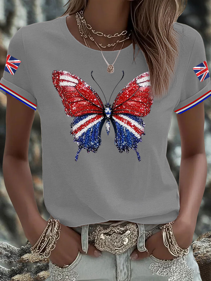 Women's British imitation diamond hot-drilling Printed short-sleeved T-shirt