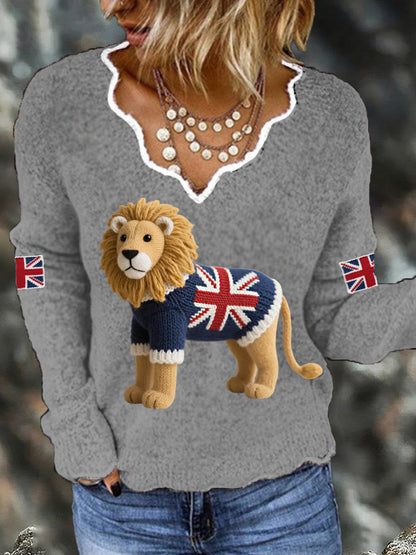 Women's Union Jack Lion Print Casual Long Sleeve Top