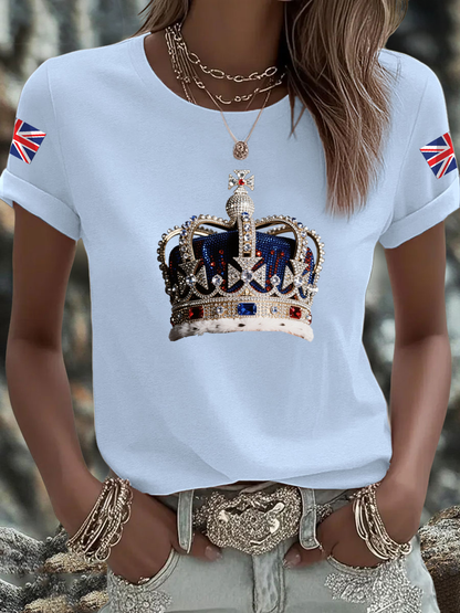 Women's British imitation diamond hot-drilling Printed Iron On Short Sleeve T-Shirt