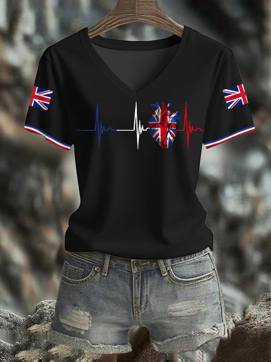 Women's UK Flag Heartbeat Print Casual V-Neck Tee